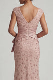 Mermaid Beaded Blush V Neck Long Mother Of Bride Dress
