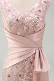 Mermaid Beaded Blush V Neck Long Mother Of Bride Dress
