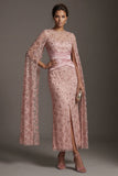 Blush Sheath Beaded Mother Of Bride Dress with Cap Sleeves