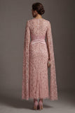 Blush Sheath Beaded Mother Of Bride Dress with Cap Sleeves