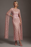 Blush Sheath Beaded Mother Of Bride Dress with Cap Sleeves