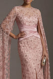 Blush Sheath Beaded Mother Of Bride Dress with Cap Sleeves