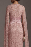 Blush Sheath Beaded Mother Of Bride Dress with Cap Sleeves
