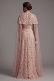 Strapless Blush Beaded A Line Long Mother Of Bride Dress with Detachable Cape