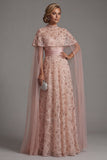 Strapless Blush Beaded A Line Long Mother Of Bride Dress with Detachable Cape