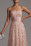 Strapless Blush Beaded A Line Long Mother Of Bride Dress with Detachable Cape