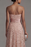 Strapless Blush Beaded A Line Long Mother Of Bride Dress with Detachable Cape