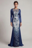 Navy Sequins Long Sleeves Mermaid Mother of the Bride Dress