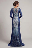 Navy Sequins Long Sleeves Mermaid Mother of the Bride Dress