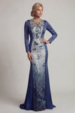 Navy Sequins Long Sleeves Mermaid Mother of the Bride Dress