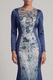 Navy Sequins Long Sleeves Mermaid Mother of the Bride Dress