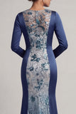Navy Sequins Long Sleeves Mermaid Mother of the Bride Dress