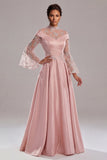 Pink Long Sleeves A Line Satin Long Mother of the Bride Dress