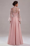 Pink Long Sleeves A Line Satin Long Mother of the Bride Dress