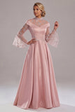 Pink Long Sleeves A Line Satin Long Mother of the Bride Dress