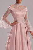 Pink Long Sleeves A Line Satin Long Mother of the Bride Dress