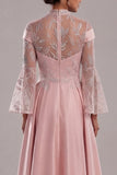 Pink Long Sleeves A Line Satin Long Mother of the Bride Dress