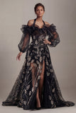 Black Cold Shoulder Sequin A Line Mother Of Bride Dress with Slit