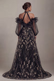 Black Cold Shoulder Sequin A Line Mother Of Bride Dress with Slit