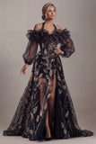 Black Cold Shoulder Sequin A Line Mother Of Bride Dress with Slit