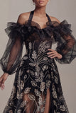 Black Cold Shoulder Sequin A Line Mother Of Bride Dress with Slit
