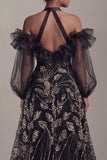 Black Cold Shoulder Sequin A Line Mother Of Bride Dress with Slit