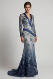Navy Floral V Neck Mermaid Sequin Mother of the Bride Dress