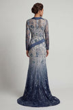 Navy Floral V Neck Mermaid Sequin Mother of the Bride Dress