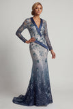 Navy Floral V Neck Mermaid Sequin Mother of the Bride Dress