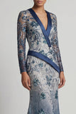 Navy Floral V Neck Mermaid Sequin Mother of the Bride Dress