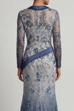 Navy Floral V Neck Mermaid Sequin Mother of the Bride Dress