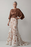 Coffee Mermaid 3/4 Sleeves Long Mother of the Bride Dress