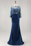 Sparkly Floral Navy Sequin Mermaid Long Ruched Mother of the Bride Dress