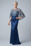 Sparkly Floral Navy Sequin Mermaid Long Ruched Mother of the Bride Dress