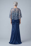 Sparkly Floral Navy Sequin Mermaid Long Ruched Mother of the Bride Dress