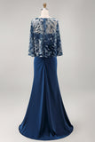 Sparkly Floral Navy Sequin Mermaid Long Ruched Mother of the Bride Dress