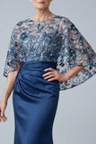 Sparkly Floral Navy Sequin Mermaid Long Ruched Mother of the Bride Dress