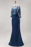 Sparkly Floral Navy Sequin Mermaid Long Ruched Mother of the Bride Dress