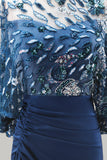 Sparkly Floral Navy Sequin Mermaid Long Ruched Mother of the Bride Dress