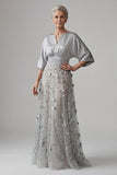 Silver A LineSequin Long Mother of the Bride Dress with 3D Flowers