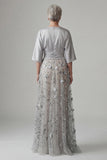 Silver A LineSequin Long Mother of the Bride Dress with 3D Flowers
