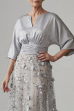 Silver A LineSequin Long Mother of the Bride Dress with 3D Flowers