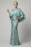 Sparkly Mermaid Blue Sequin Long Mother of the Bride Dress with 3/3 Sleeves