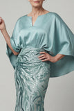 Sparkly Mermaid Blue Sequin Long Mother of the Bride Dress with 3/3 Sleeves
