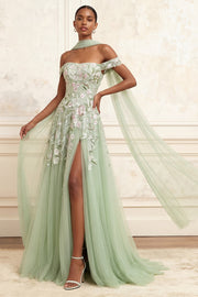 Off The Shoulder Dusty Sage A-Line Sequins Long Prom Dress with Slit