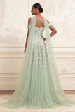 Off The Shoulder Dusty Sage A-Line Sequins Long Prom Dress with Slit