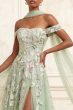 Off The Shoulder Dusty Sage A-Line Sequins Long Prom Dress with Slit