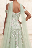 Off The Shoulder Dusty Sage A-Line Sequins Long Prom Dress with Slit