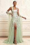 Dusty Sage Halter A-Line Tulle Embroidered Long Prom Dress with Slit