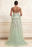 Dusty Sage Halter A-Line Tulle Embroidered Long Prom Dress with Slit